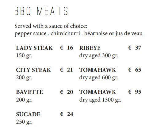 Meat In The City BBQ MEATS Menu Prijzen