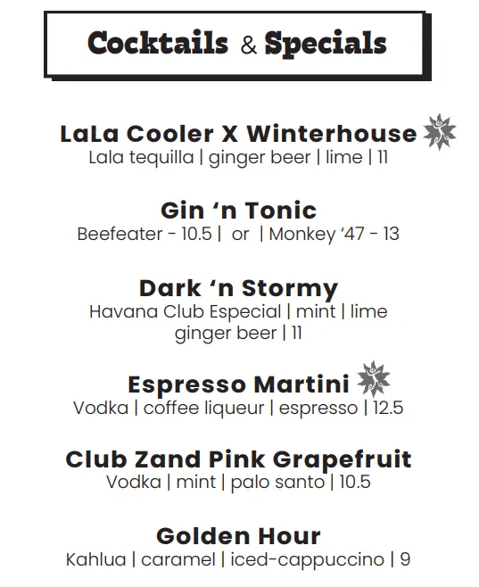 Club Zand Cocktails & Specials Menu en Prijzen