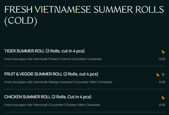 MIA Menu Prijzen Fresh Vietnamese Summer Rolls