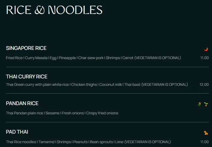 MIA Rice & Noodles Menu Prijzen