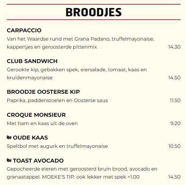 Moeke Delft Menu Prijzen Broodjes