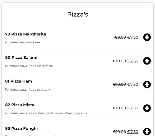 Royal eethuis Menu Prijzen Pizza's
