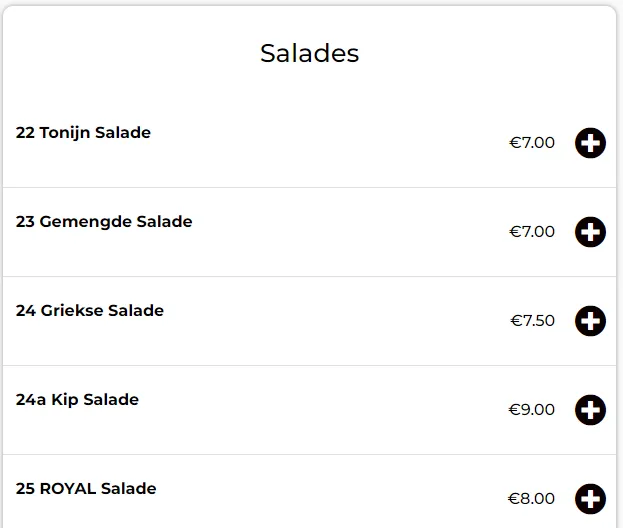 Royal eethuis Salades Menu Met Prijzen