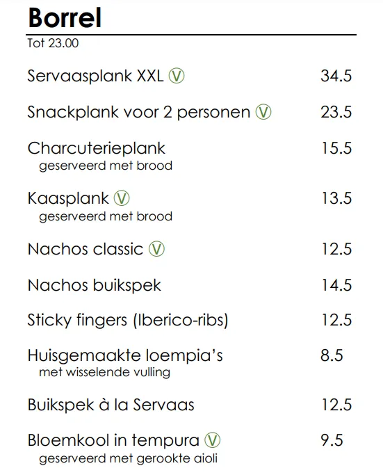Servaas Café Menu Prijzen Borrel