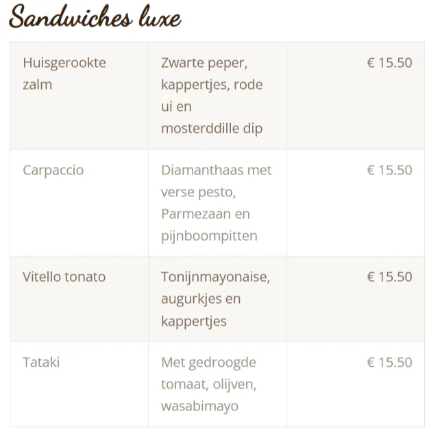 Blond Lunch en Diner Sandwiches Luxe Menu Met Prijzen