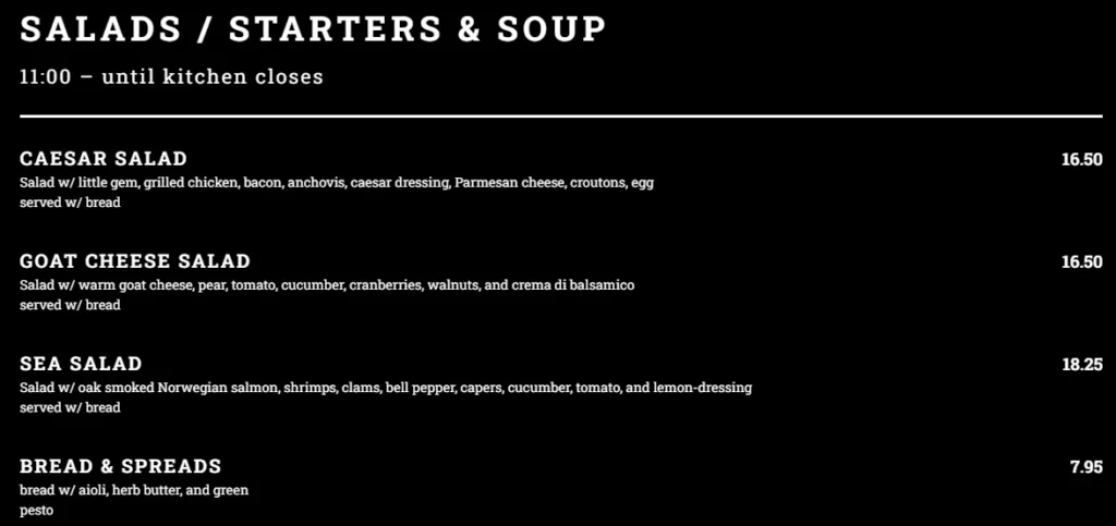 Zanzi Diner Salads / Starters & Soups Menu Met Prijzen