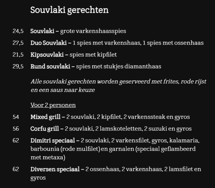 Dimitri’s Greek Food Souvlaki gerechten Menu Met Prijzen